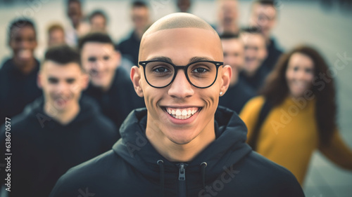 young adult man or teenager, wears glasses and hoodie, short haircut, shaved, with friends or in a group outside, circle of friends or clique, fictional place