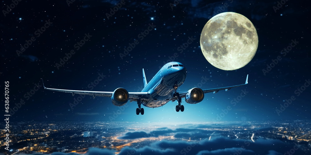 Naklejka premium airplain fly on cloudy sky at starry night big moon , below city blurred light