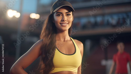 young adult woman wearing cape and sports tank top, has long brunette hair style, tanned skin color, latina hispanic or multiracial, fictional location photo