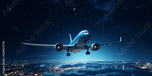  airplain fly on  cloudy sky   at starry night  big moon , below city blurred light