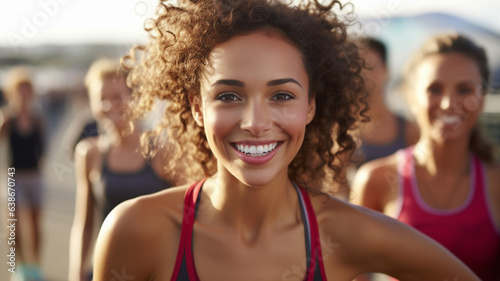 young adult woman, slim attractive, doing sports in a group or in a club or with friends, wearing summer tank top and running or jogging or hiking