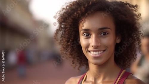 young adult woman, slim, dark skin color, medium-length hairstyle, slightly sweaty sweating, happy, relieving but exhausted smile, does sport by jogging,fictitious place