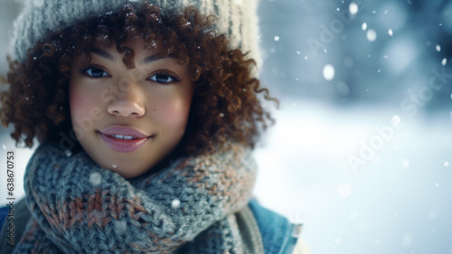 attractive nice likeable young adult woman, 20s, tanned skin color multi-ethnic, wears knitted winter scarf and knitted hat, fictitious place in winter