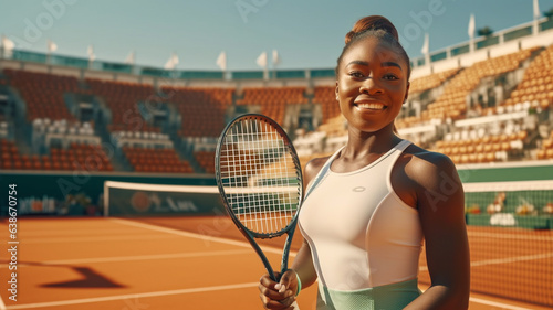 young adult woman, african american or african american, dark black skin tone, wearing sports jersey, holding a tennis racket, standing on a tennis court,  photo