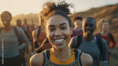 young adult woman wearing summer shirt and smiling, doing updo for sport, hiking in group with friends in mountains or rural, multiracial and afro american and caucasian, fictional place