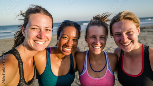Four women, group of friends, meeting new friends on vacation and making friends with local people or traveling together, on sandy beach by sea with low waves