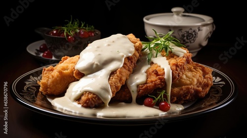 fried pork chops with melted mayonnaise on a plate, black background and blur