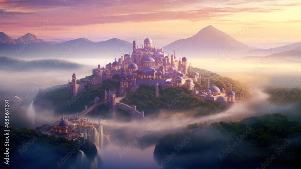 In the rays of dawn and morning fog, an incredible fantasy castle with a waterfall in the mountains covered with forest. AI generation 