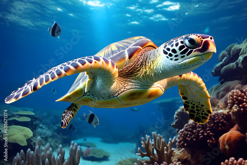 Sea turtle swims along coral reefs underwater world, Turtles swimming in ocean © manof