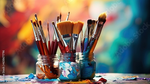 Amazing Close up of some Brushes over a Colorful Painted Background. Creativity.