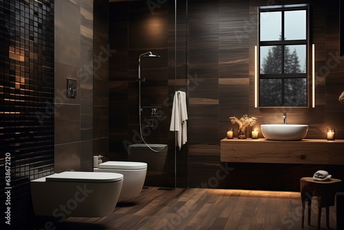 Luxurious Interior Design of a Brown Modern Bathroom.