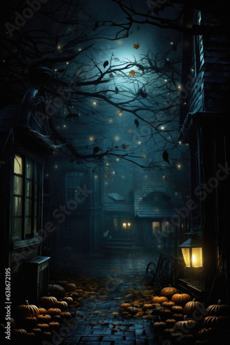 Halloween spooky background  scary pumpkins in old big creepy Happy Haloween ghosts horror house evil haunted castle scene. Creepy dark gothic mysterious night dark backdrop concept. 