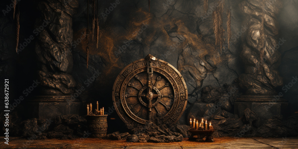 Medieval Viking shield in a cave. Generative AI - obrazy, fototapety, plakaty 