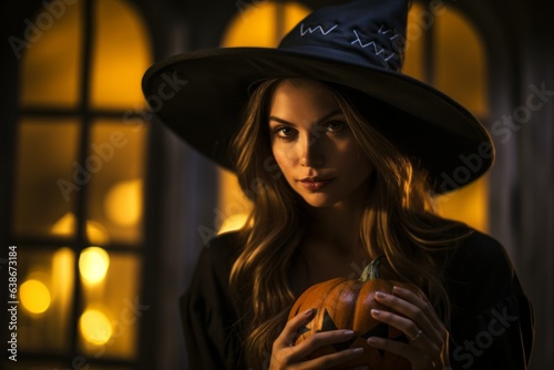Woman in witch costume for halloween party. Halloween concept. Background with selective focus and copy space