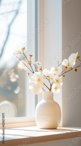 close up of Nageire flower arrangement near a window, Japandi style, minimal vertical background. photo