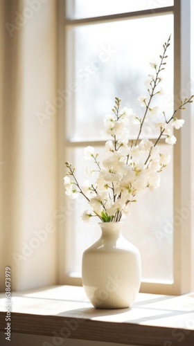 close up of Nageire flower arrangement near a window, Japandi style, minimal vertical background. photo