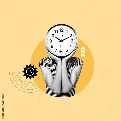 little time, time goes fast, teenager with time, worried about time, young man with clock, managing time, need time, clock head, concept, collage art, photo collage
 photo