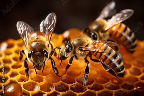 Generative AI Image of Bees Working in a Honeycomb with Producing Honey © heartiny