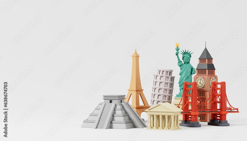 Western Famous landmarks of the world grouped together isolated on white background. Travelling and holidays. Travel famous landmarks or world attractions concept. 3d Render illustration. - obrazy, fototapety, plakaty 