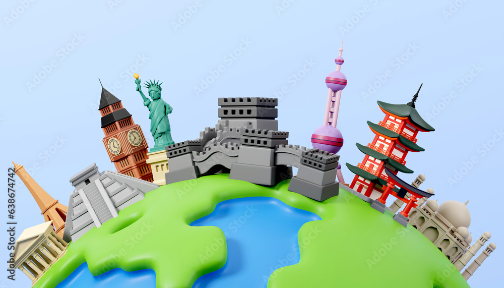 Famous monuments of the world grouped together on planet Earth. Travelling and holidays. Travel famous landmarks or world attractions concept. 3d Render illustration.