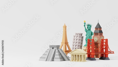 Western Famous landmarks of the world grouped together isolated on white background. Travelling and holidays. Travel famous landmarks or world attractions concept. 3d Render illustration.