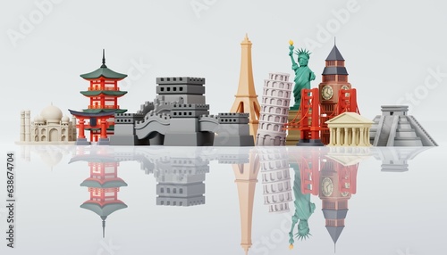 Famous landmarks of the world grouped together isolated on white background. Travelling and holidays. Travel famous landmarks or world attractions concept. 3d Render illustration.
