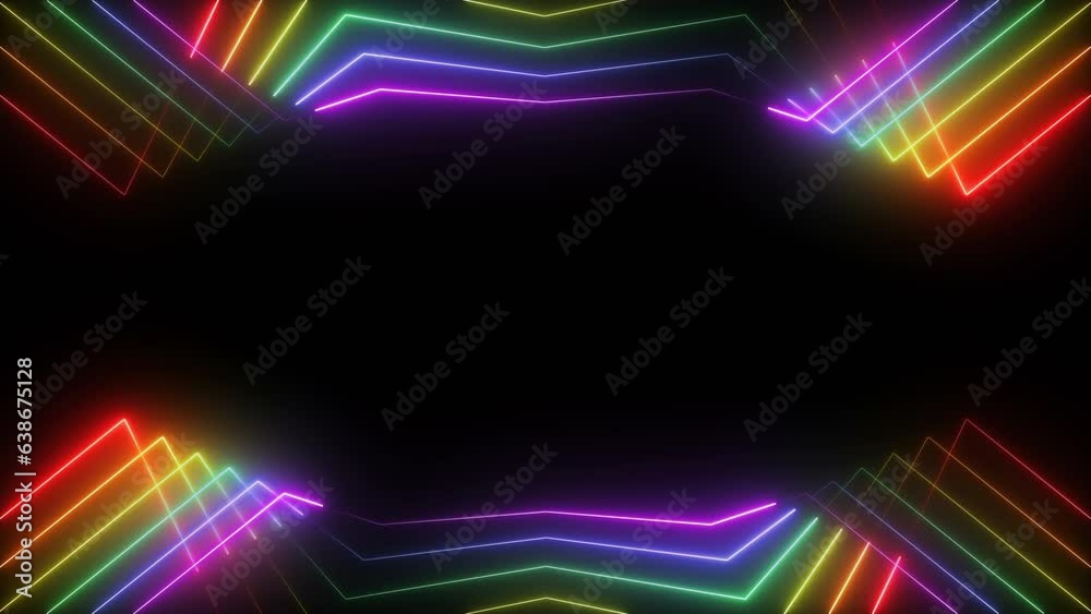 Animated neon lines in rainbow color on black background with free space
