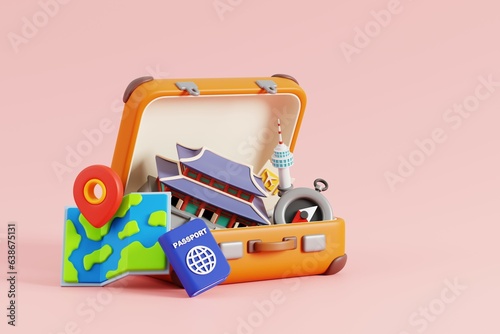 Cartoon of open Suitcase with Landmarks of Seoul, South Korea. 3d Render