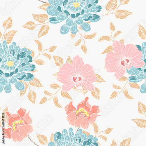 Hand Drawn Dahlia and Orchid Flower Seamless Pattern