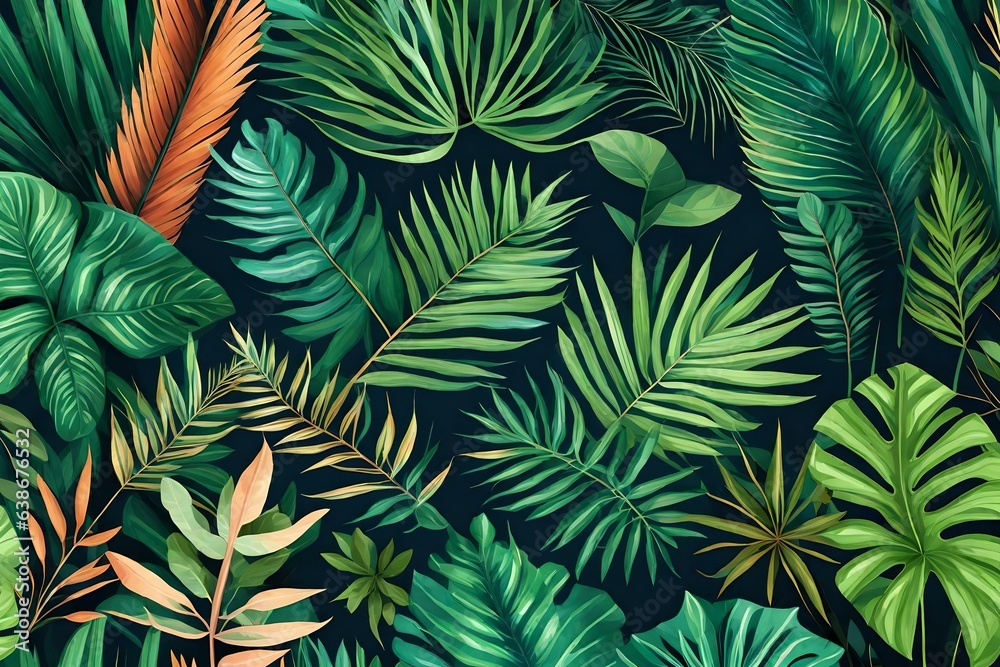 Tropical exotic leaves background. Generative AI.