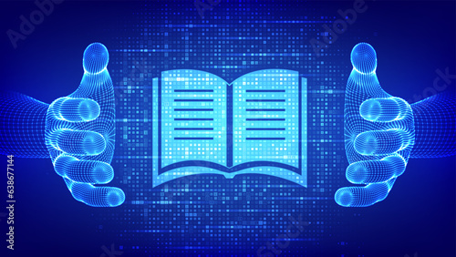E-learning icon made with binary code in wireframe hands. Online education. Webinar, teaching, online training courses. Digital binary data streaming digital code background. Vector illustration.
