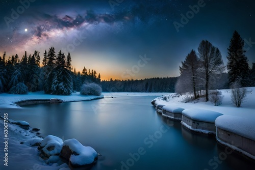 winter landscape with lake and snow © Image Studio