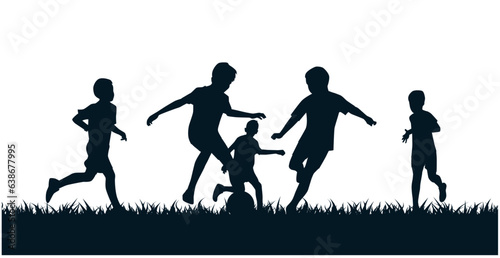 Leinwand Poster Kids playing soccer silhouettes, footballer, kids with ball