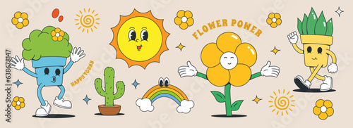 Set of 70s groovy character and element. plants collection vector illustration