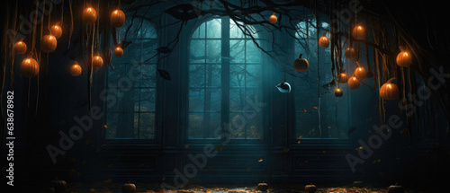 Halloween spooky background, scary pumpkins in old big creepy Happy Haloween ghosts horror house evil haunted castle scene. Creepy dark gothic mysterious night dark backdrop concept. 
