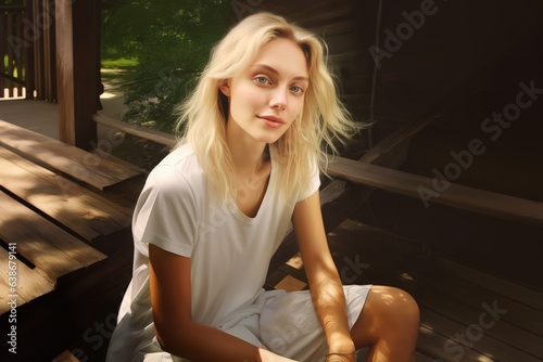 Realistic Digital Painting Portrait of a Beautiful Fictional Blonde Woman Sitting on a Wooden Bench and Smiling. Generative AI Illustration.