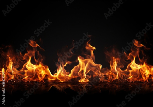 Fire flames and sparks on dark background. Copy space