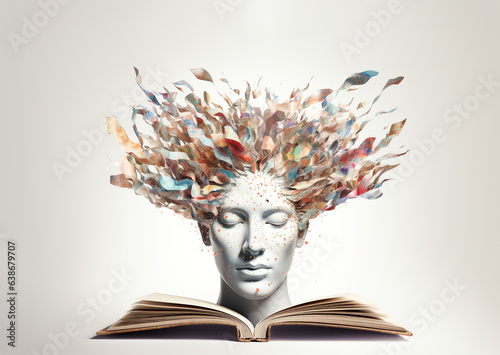 Creativity concept. Head with various elements coming out, on top of an open book.