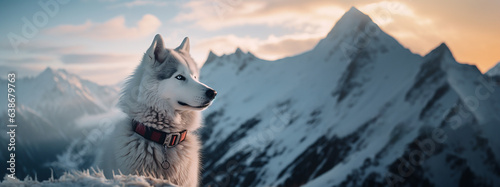 A Siberian Husky watching the icy horizon, space for motivational phrase on the right