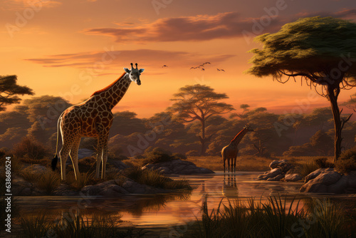 A majestic African savanna with lush and animals  generative AI