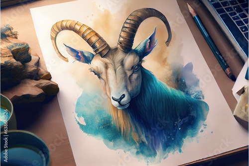 Portrait of ram head on paper on desk. Watercolor drawing. Painting of a painting.