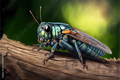 Cricket on tree branch. Realistic illustration.