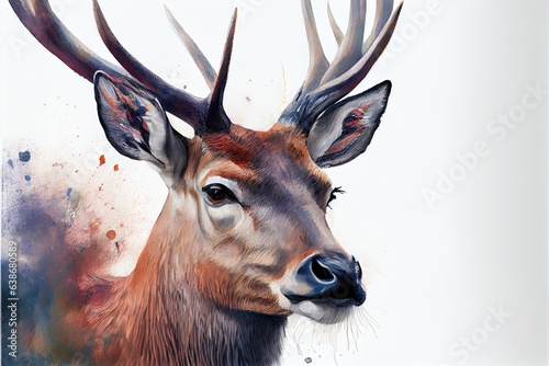 Male deer head portrait on white background. Watercolor painting.