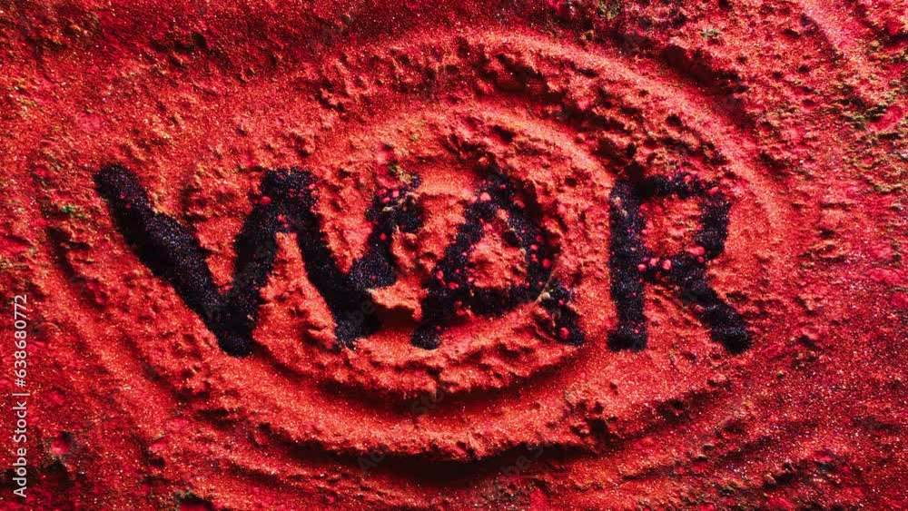 Powerful exploding of colorful powder symbol word war. Slow motion video 4k 1000fps ink detail studio shoot sign word war. Conceptual word text no war, creation explosion, modern art, bomb detonation