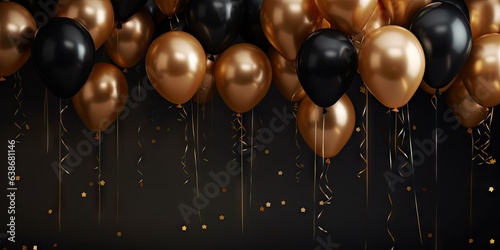Golden celebration. Glittering balloons for birthday bash. Festive airborne fun. Vibrant balloons for any occasion. Adding color to special day
