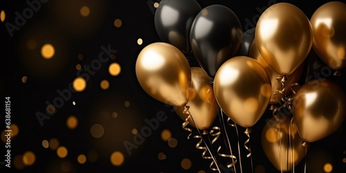 Golden celebration. Glittering balloons for birthday bash. Festive airborne fun. Vibrant balloons for any occasion. Adding color to special day
