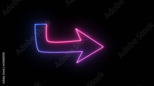Arrows of brilliant purple neon light pointing to the right. Glowing neon arrows in three dimensions on a dark background. direction indications that flash.