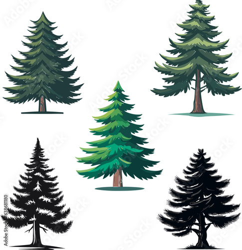 Vintage Pine trees and forest silhouettes set in monochrome style isolated vector illustration