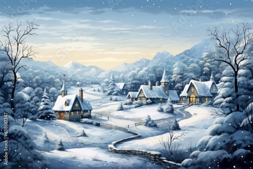Winter in the village, holiday season postcard style illustration. Merry christmas and happy new year concept © top images
