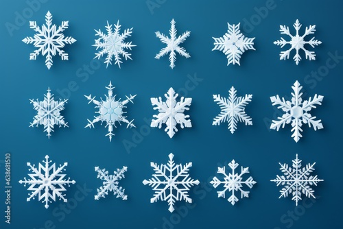 Snowflakes of different shapes. Background or blank for design. Seasonal decorations.